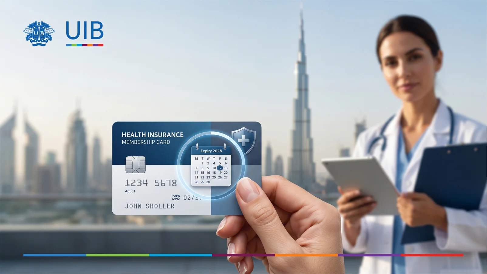 Dubai health insurance renewal grace period with UIB coverage card